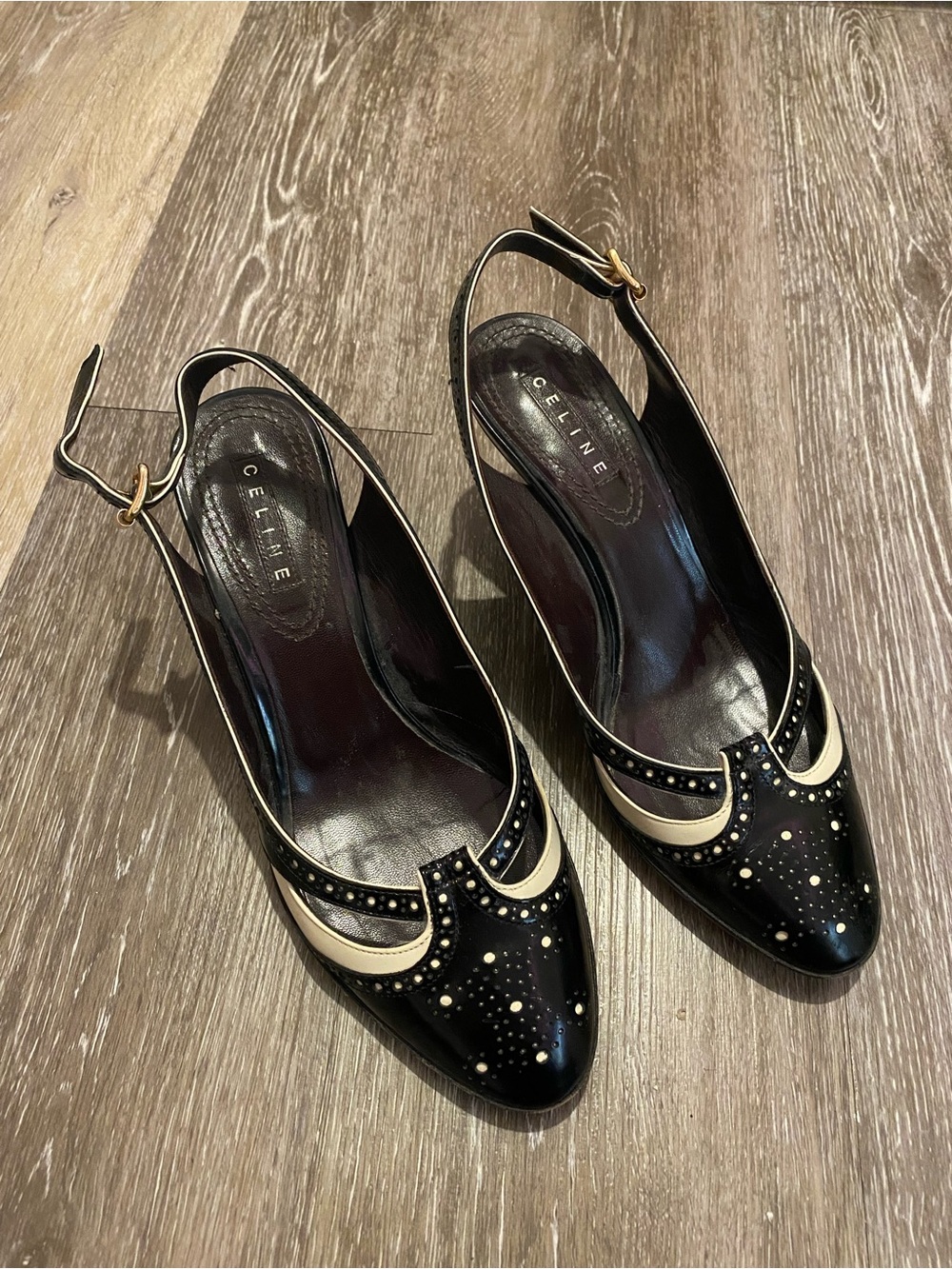 CELINE Black and Cream Studded Slingback Pumps
